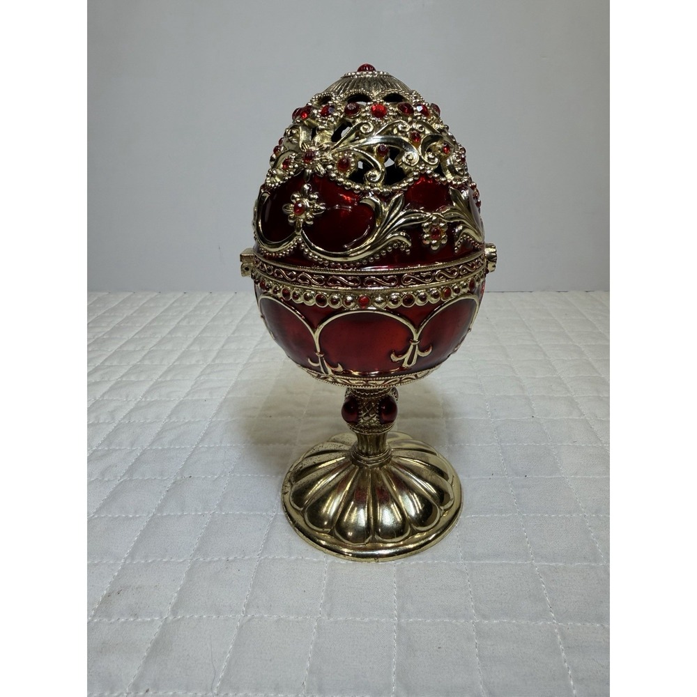 Red Jeweled Egg Music Box Hinged Trinket Box Rotating Ring Holder Enamel - Picture 5 of 11